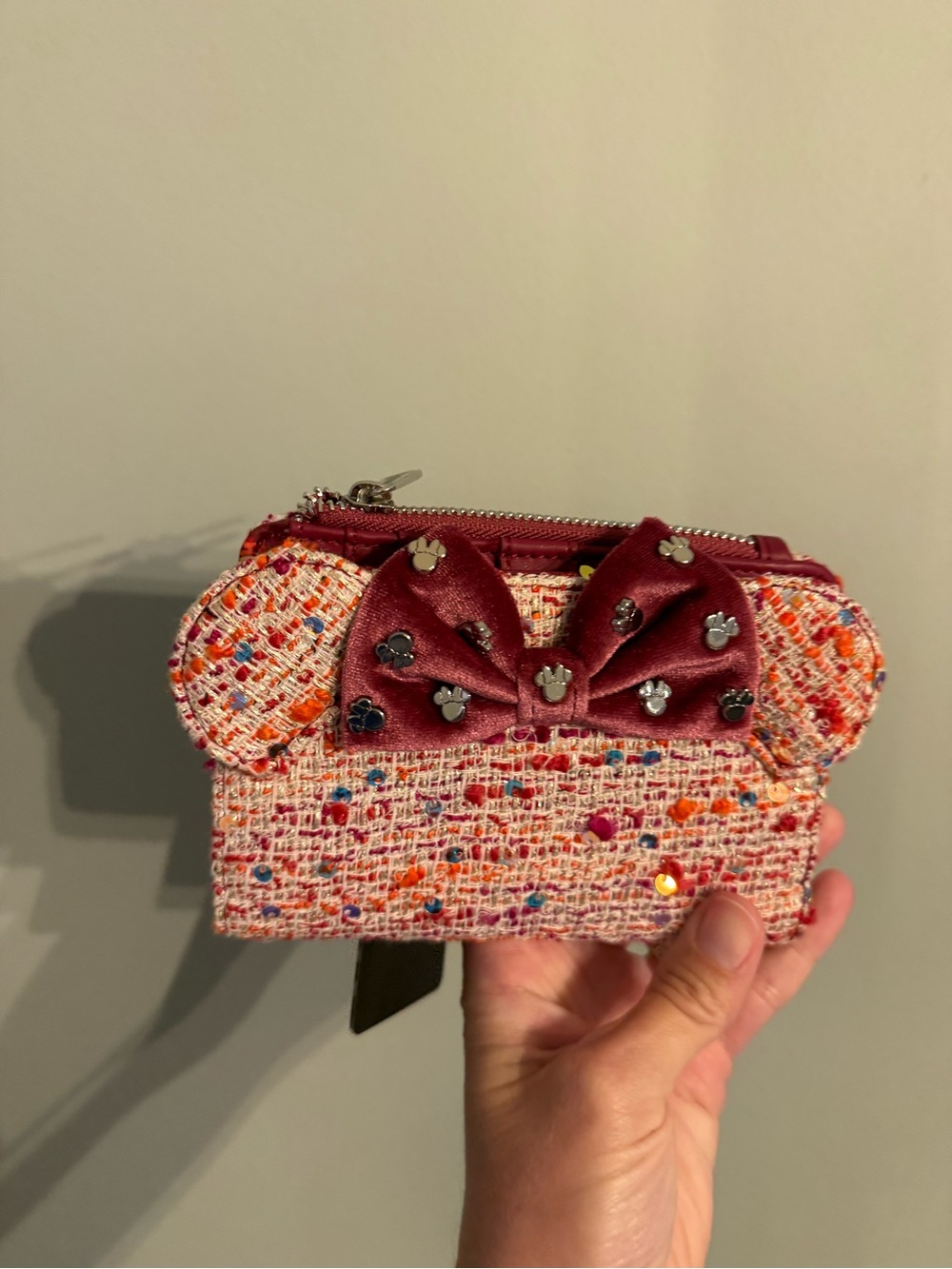 Loungefly Pink Tweed Coin Purse with Burgundy Satin Bow
